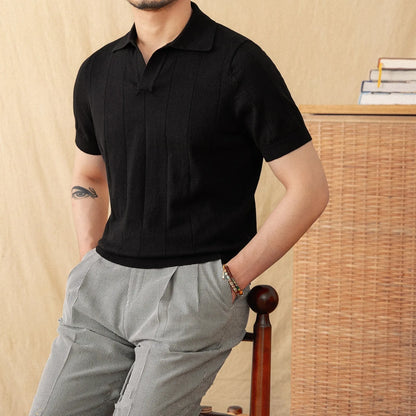 Cotton and linen knitted short sleeve polo top with seagull collar and sunken stripe pattern