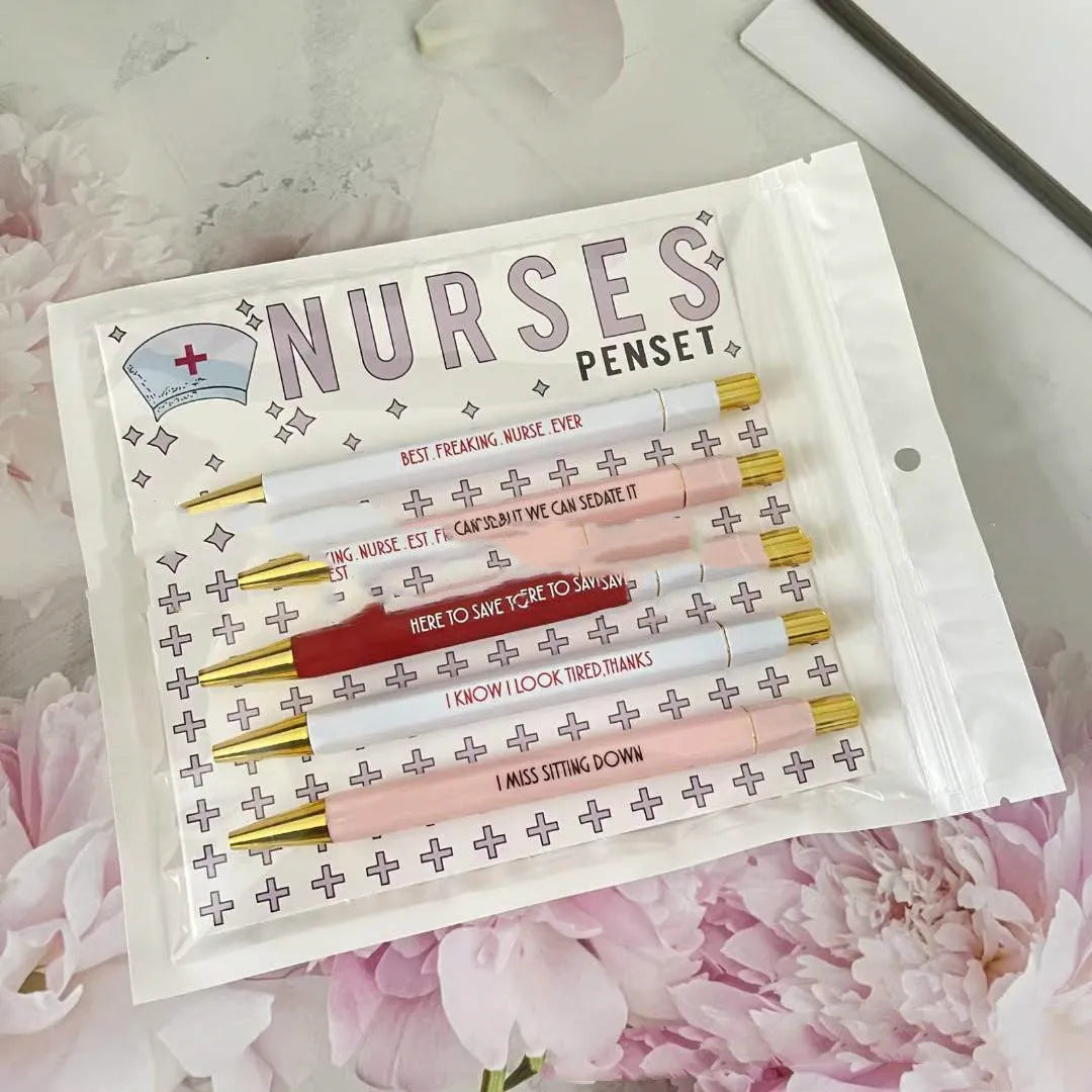 Five nurse cartoon theme retractable ballpoint pens in plastic construction