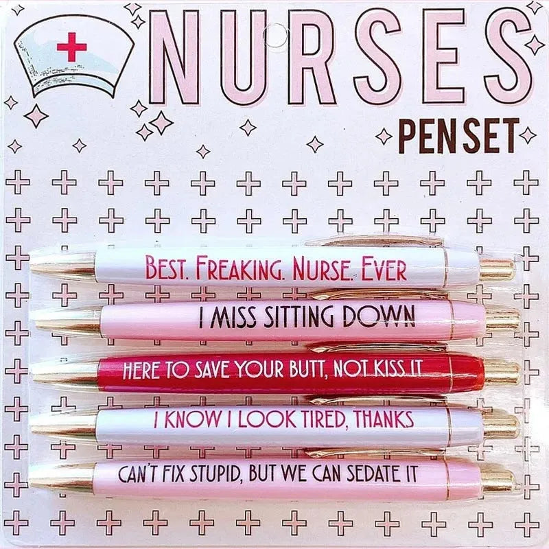 Five nurse cartoon theme retractable ballpoint pens in plastic construction