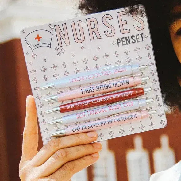 Five nurse cartoon theme retractable ballpoint pens in plastic construction