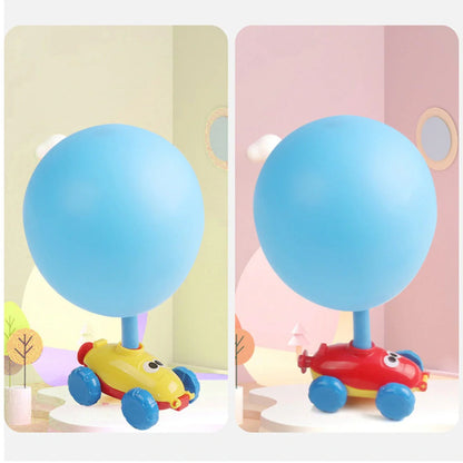 Children playing with eco-friendly balloon-powered car toy, learning aerodynamics
