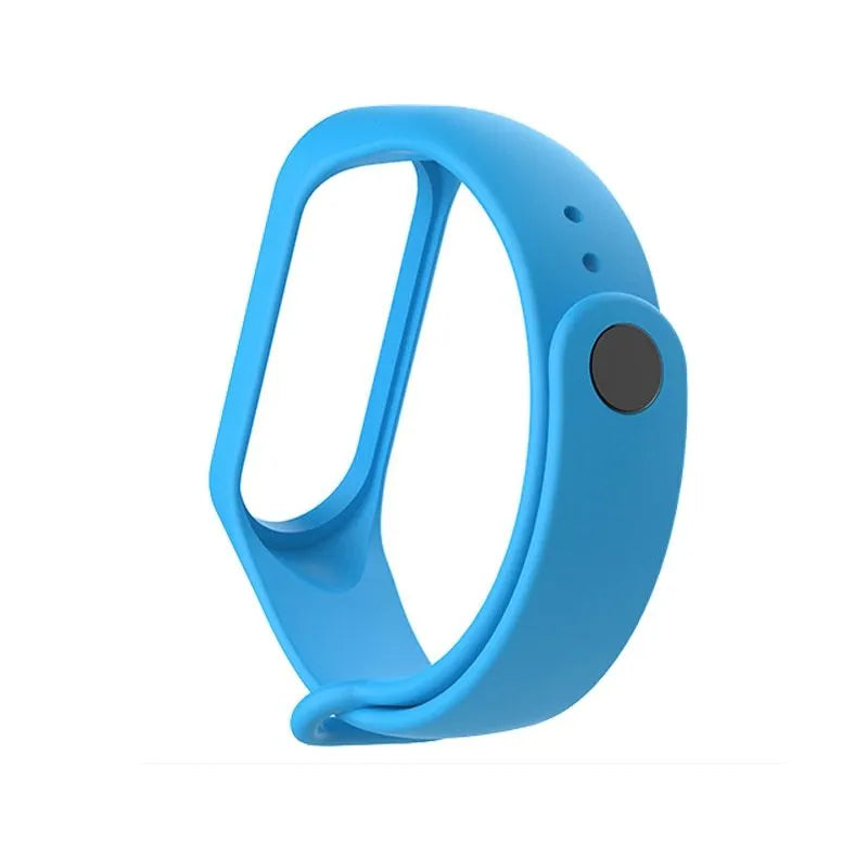 Silicone bracelet replacement strap for Xiaomi Mi Band 3 sports tracker watch in black, dark blue, gray, jade, orange, purple, red, sky blue, white, yellow or yellow green colours providing a simple way to colour match your wearable device