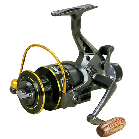 MG fishing reel with metal folding arm, wooden handle, and double brake system for saltwater fishing