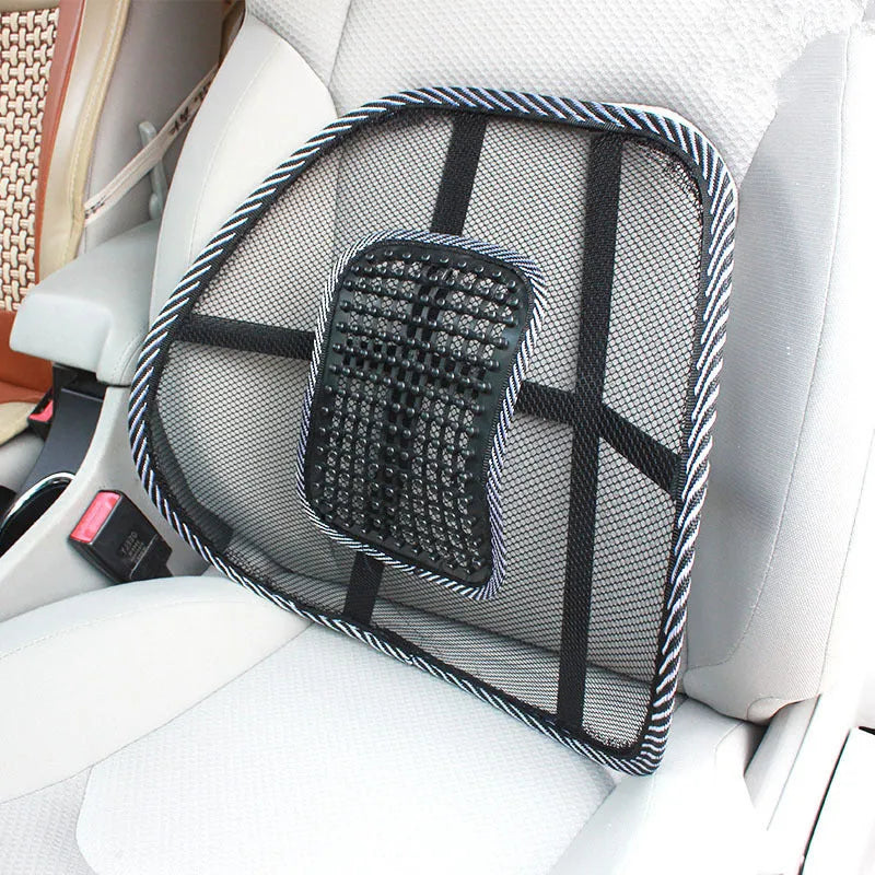 Black car lumbar support pillow with leather nail pattern and ventilation design measuring 41x39cm