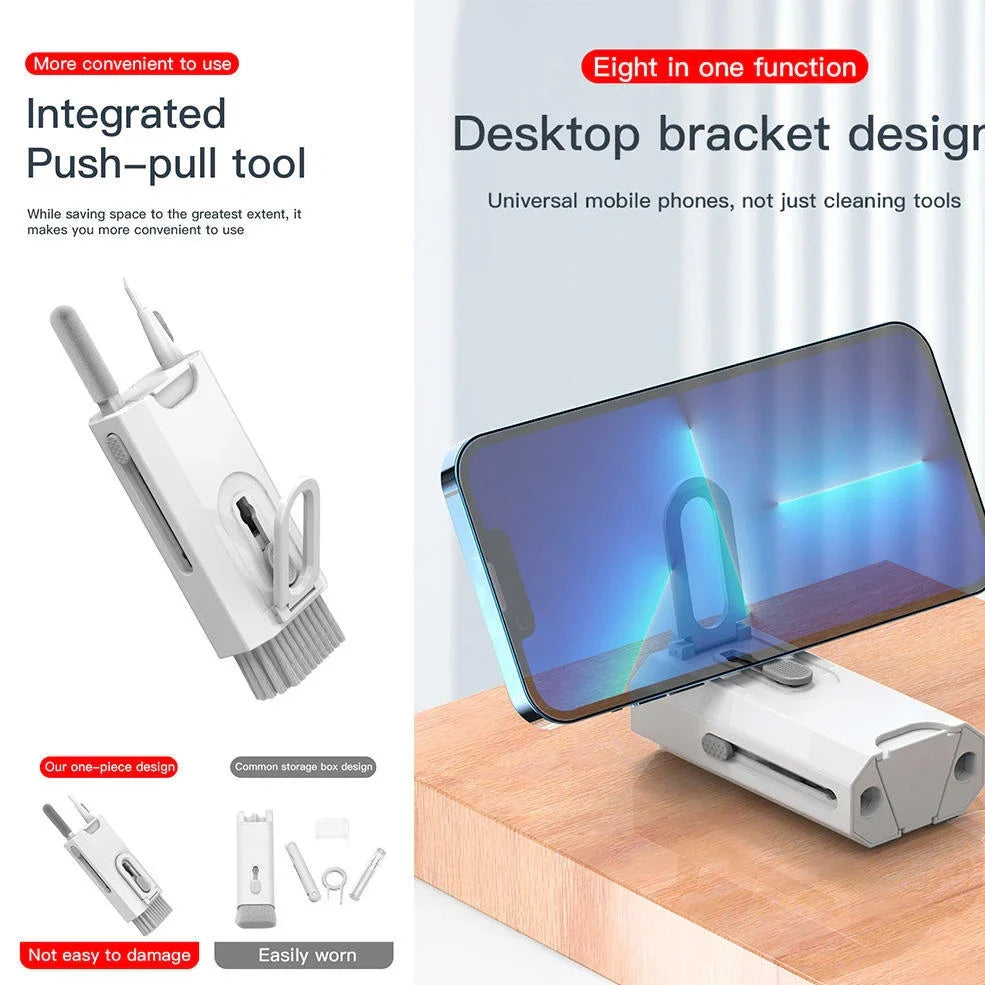 White 8-in-1 cleaning kit with ABS plastic case measuring 9cm showing keyboard, phone, lens, and earbud cleaning tools
