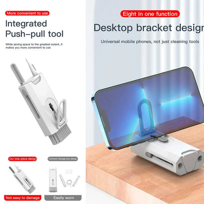 White 8-in-1 cleaning kit with ABS plastic case measuring 9cm showing keyboard, phone, lens, and earbud cleaning tools