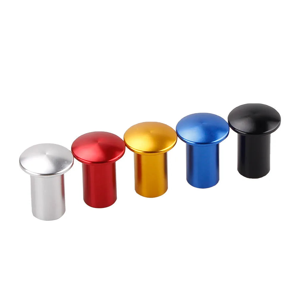 Aluminium alloy hydraulic hand brake release button cap in gold, silver, black, blue, and red colours.