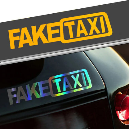 Waterproof FAKE TAXI car sticker in black, 20cm by 8cm, on a vehicle window.