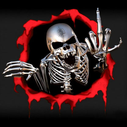 Reflective metal skull bumper sticker with colourful broken shell design on white background
