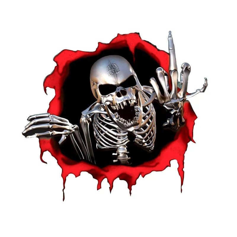 Reflective metal skull bumper sticker with colourful broken shell design on white background
