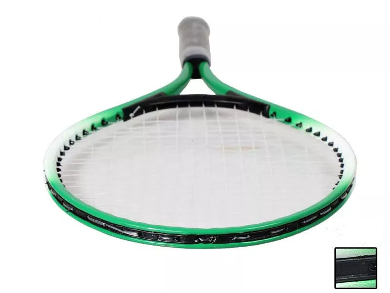 Children's tennis racket with steel alloy frame in green, red, or blue