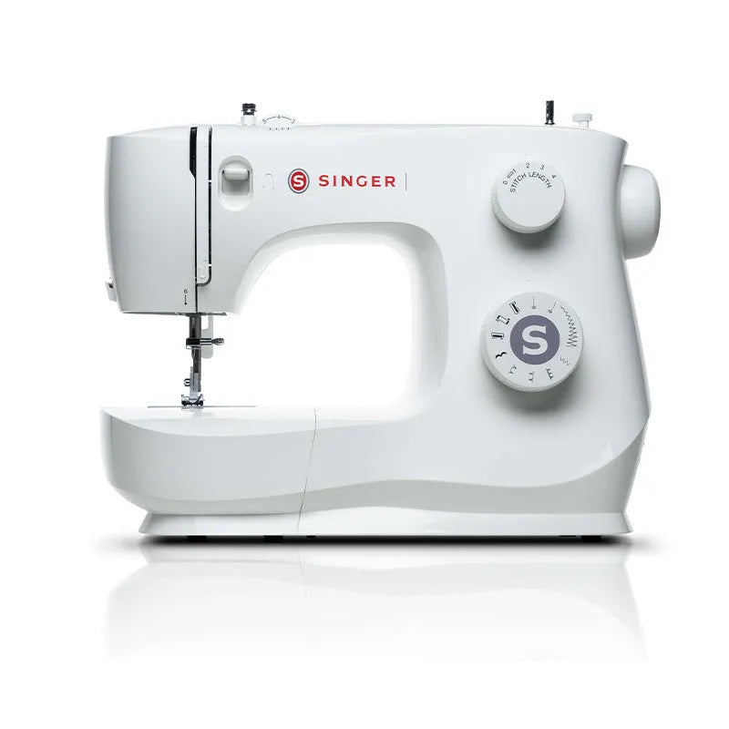 M2405 portable household sewing machine with accessories on table showing compact 47x39x26cm size