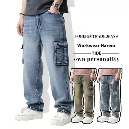 Men's loose-fit hip hop trousers with multi-pocket design in retro denim
