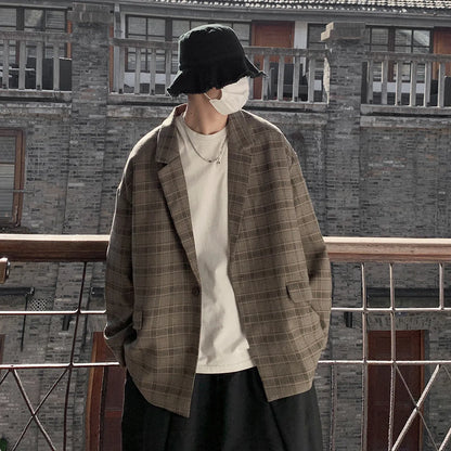Men's retro plaid loose jacket in acetate fibre, sizes M to 4XL, casual outerwear