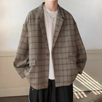 Men's retro plaid loose jacket in acetate fibre, sizes M to 4XL, casual outerwear