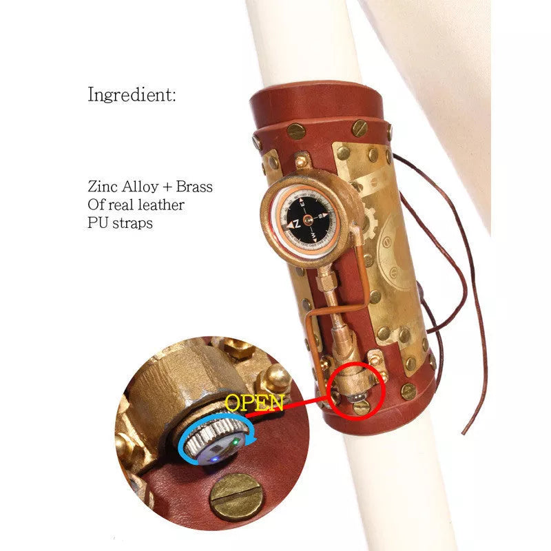 Steampunk compass bracelet with black PU leather strap and detailed metal compass
