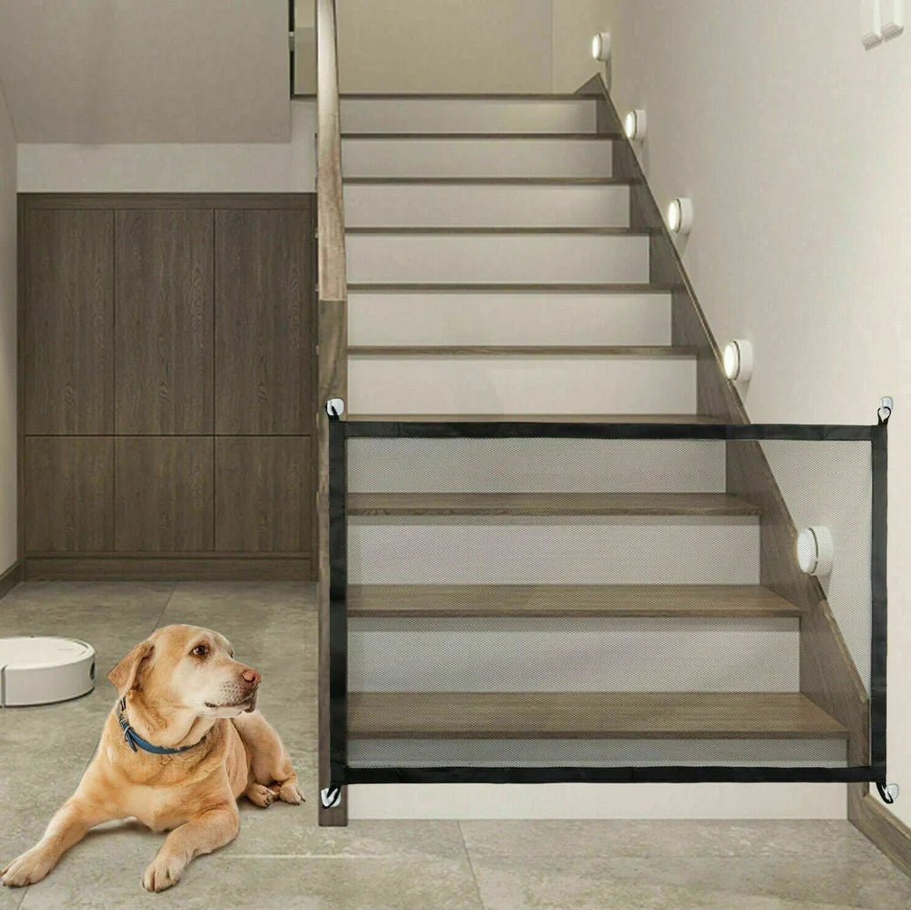 Black portable safety gate with woven nylon mesh stretched between stainless steel poles for doorway or stair protection