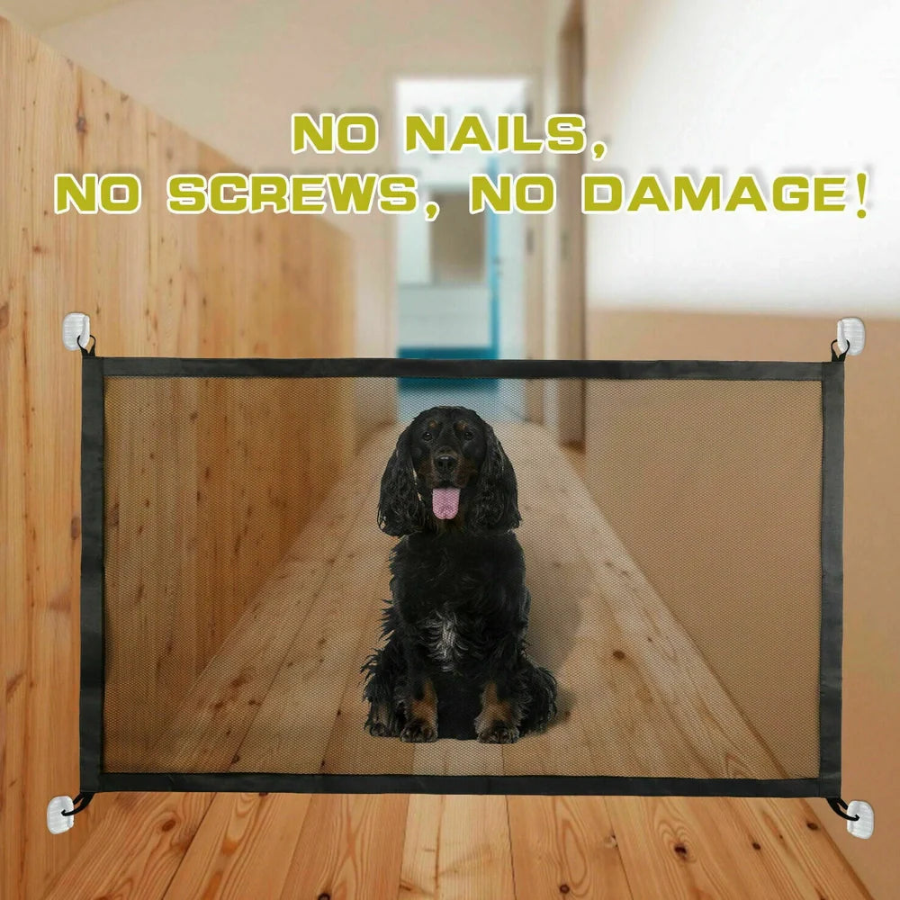 Black portable safety gate with woven nylon mesh stretched between stainless steel poles for doorway or stair protection
