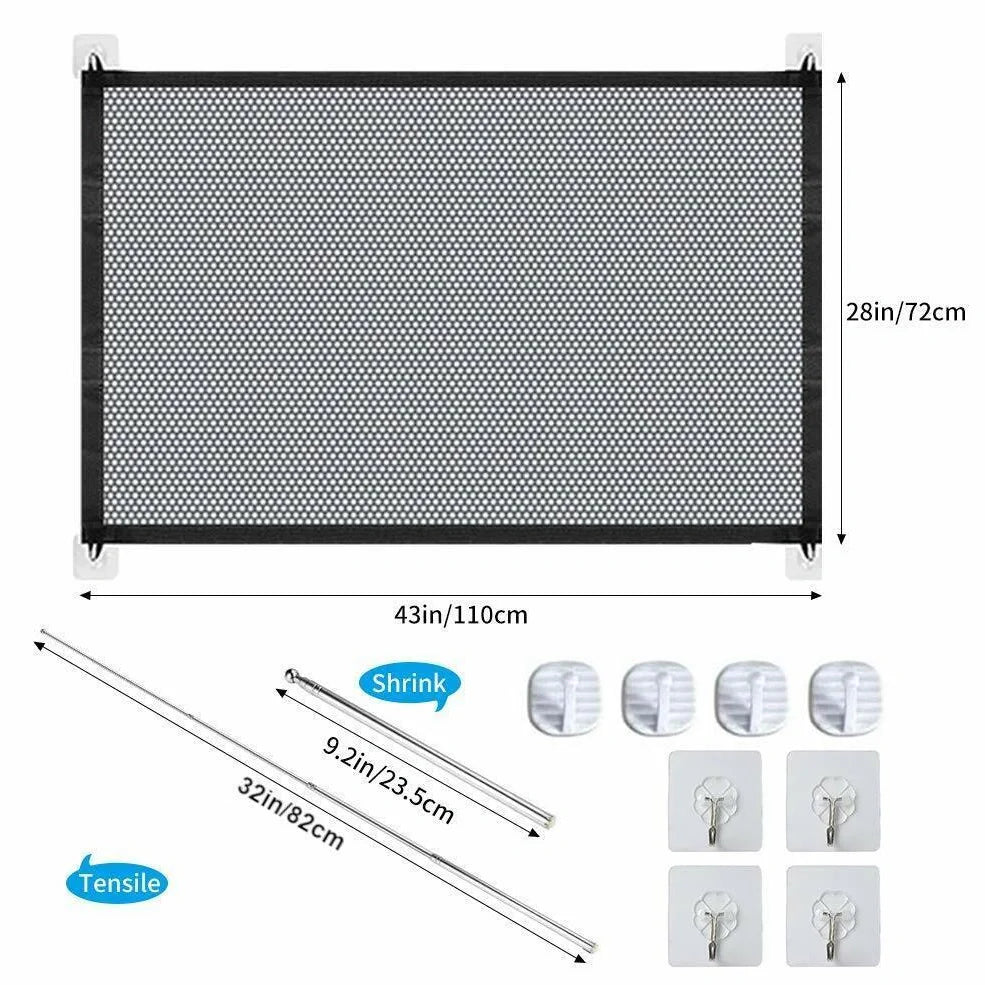 Black portable safety gate with woven nylon mesh stretched between stainless steel poles for doorway or stair protection