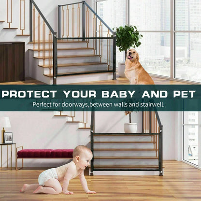 Black portable safety gate with woven nylon mesh stretched between stainless steel poles for doorway or stair protection