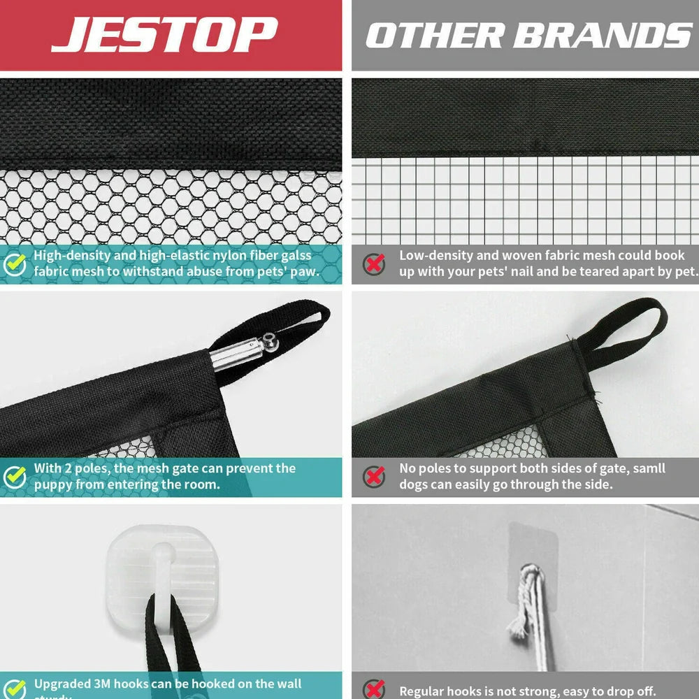 Black portable safety gate with woven nylon mesh stretched between stainless steel poles for doorway or stair protection