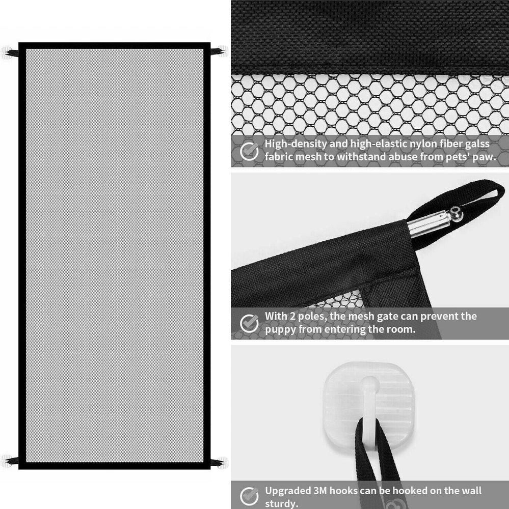 Black portable safety gate with woven nylon mesh stretched between stainless steel poles for doorway or stair protection