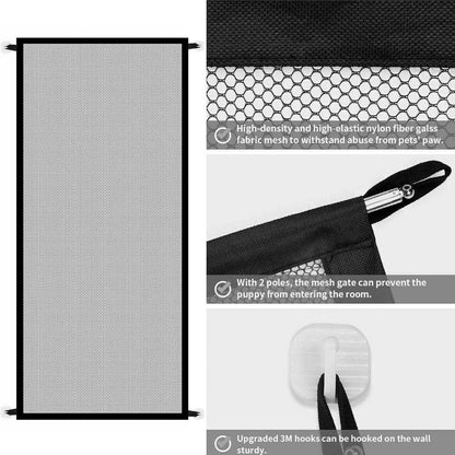 Black portable safety gate with woven nylon mesh stretched between stainless steel poles for doorway or stair protection