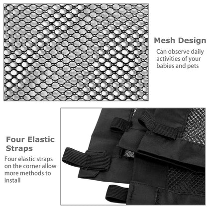 Black portable safety gate with woven nylon mesh stretched between stainless steel poles for doorway or stair protection