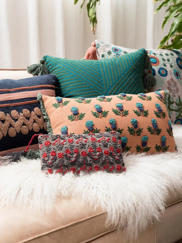 Vintage handmade embroidered throw pillow in jewel 01 tones, cotton cover 30x50cm with intricate stitching details