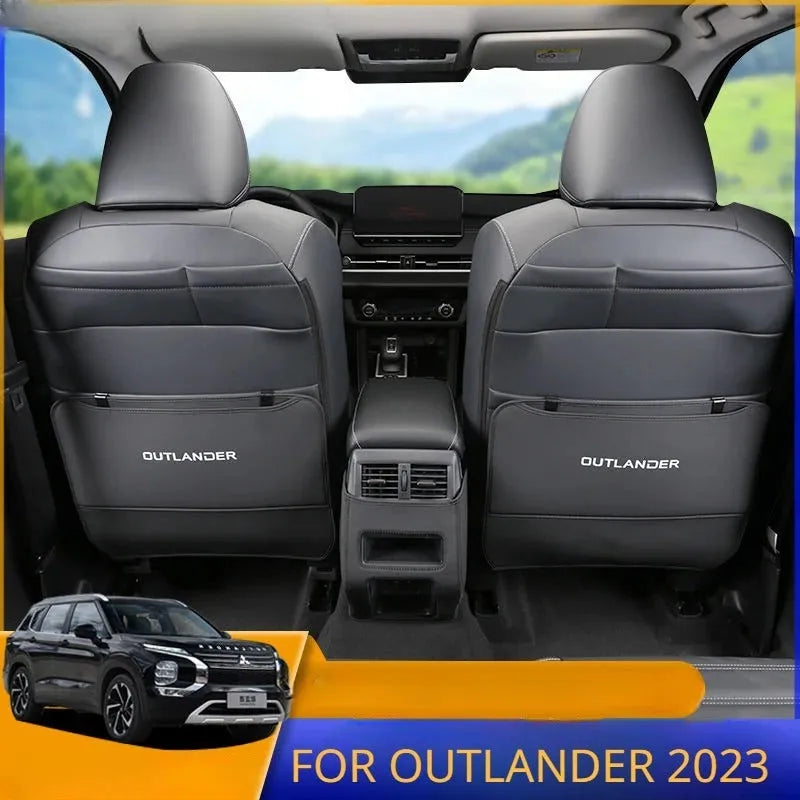 Set of three leather anti-kick protection pads for a Mitsubishi Outlander car interior.
