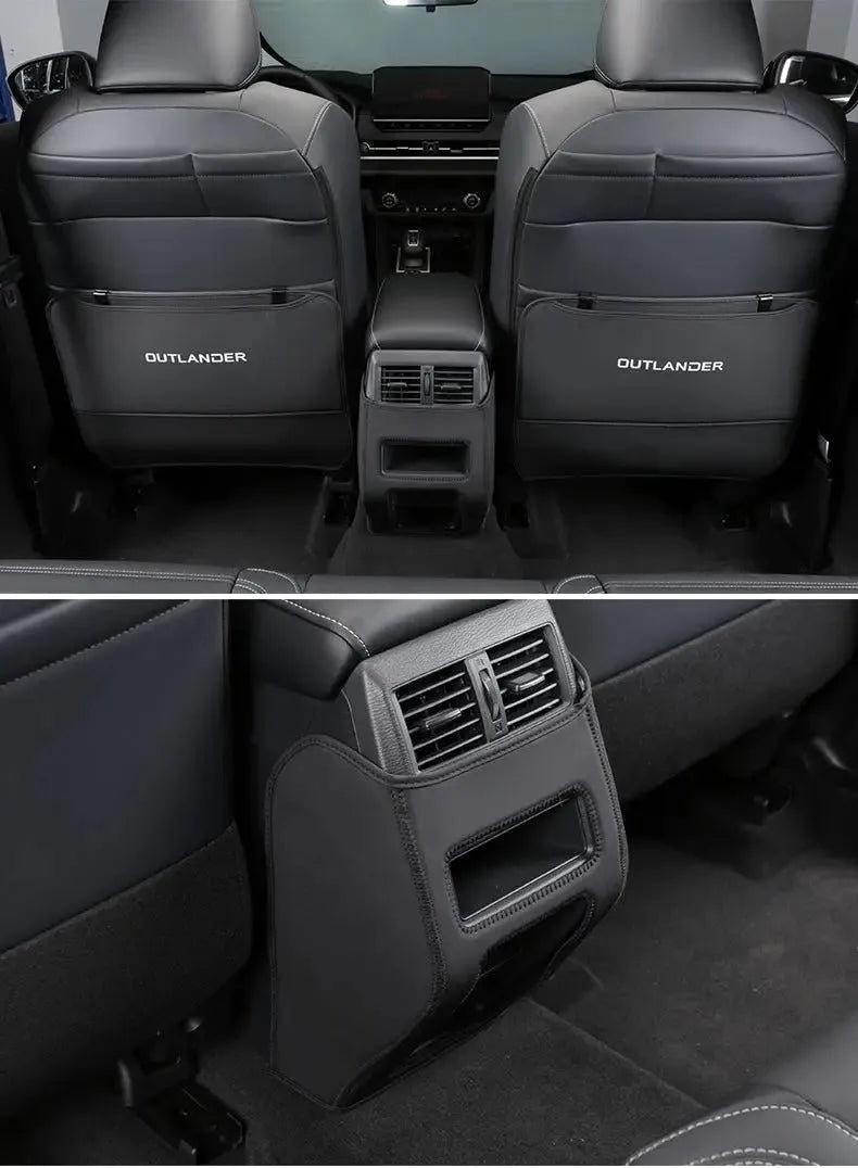 Set of three leather anti-kick protection pads for a Mitsubishi Outlander car interior.