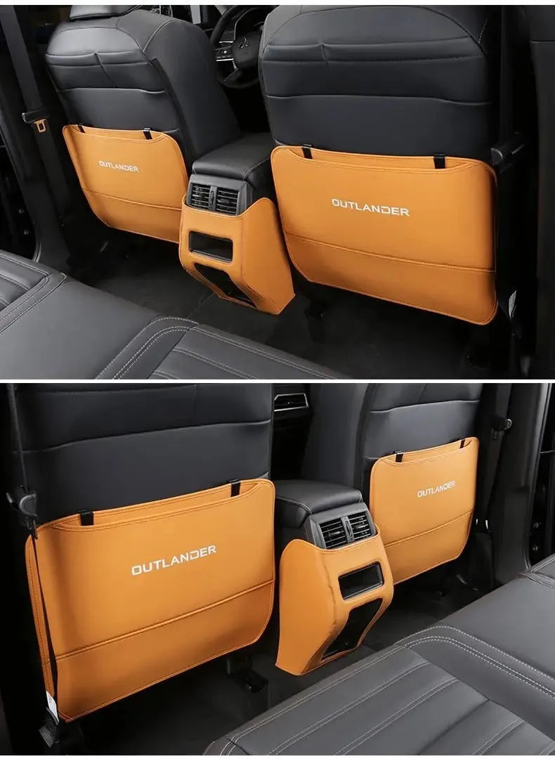 Set of three leather anti-kick protection pads for a Mitsubishi Outlander car interior.