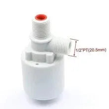 White nylon automatic float valve with threaded connection for purified water systems.