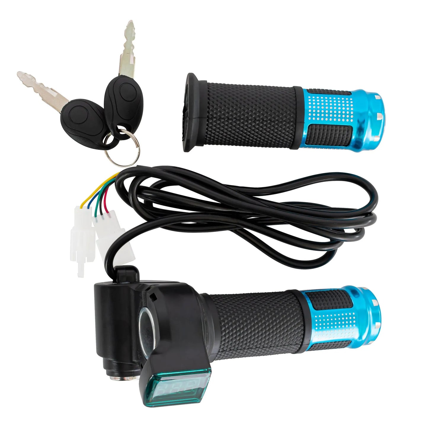 Electric vehicle handlebar control unit in blue, red, silver, and yellow colour options.
