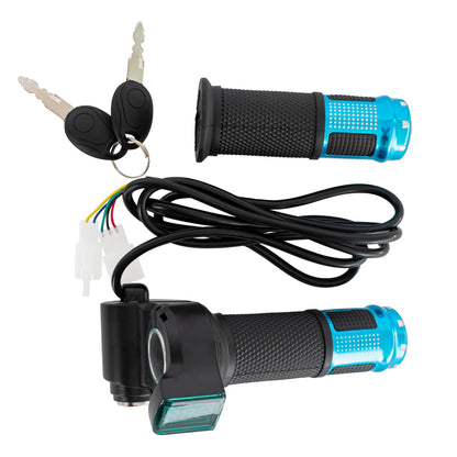 Electric vehicle handlebar control unit in blue, red, silver, and yellow colour options.
