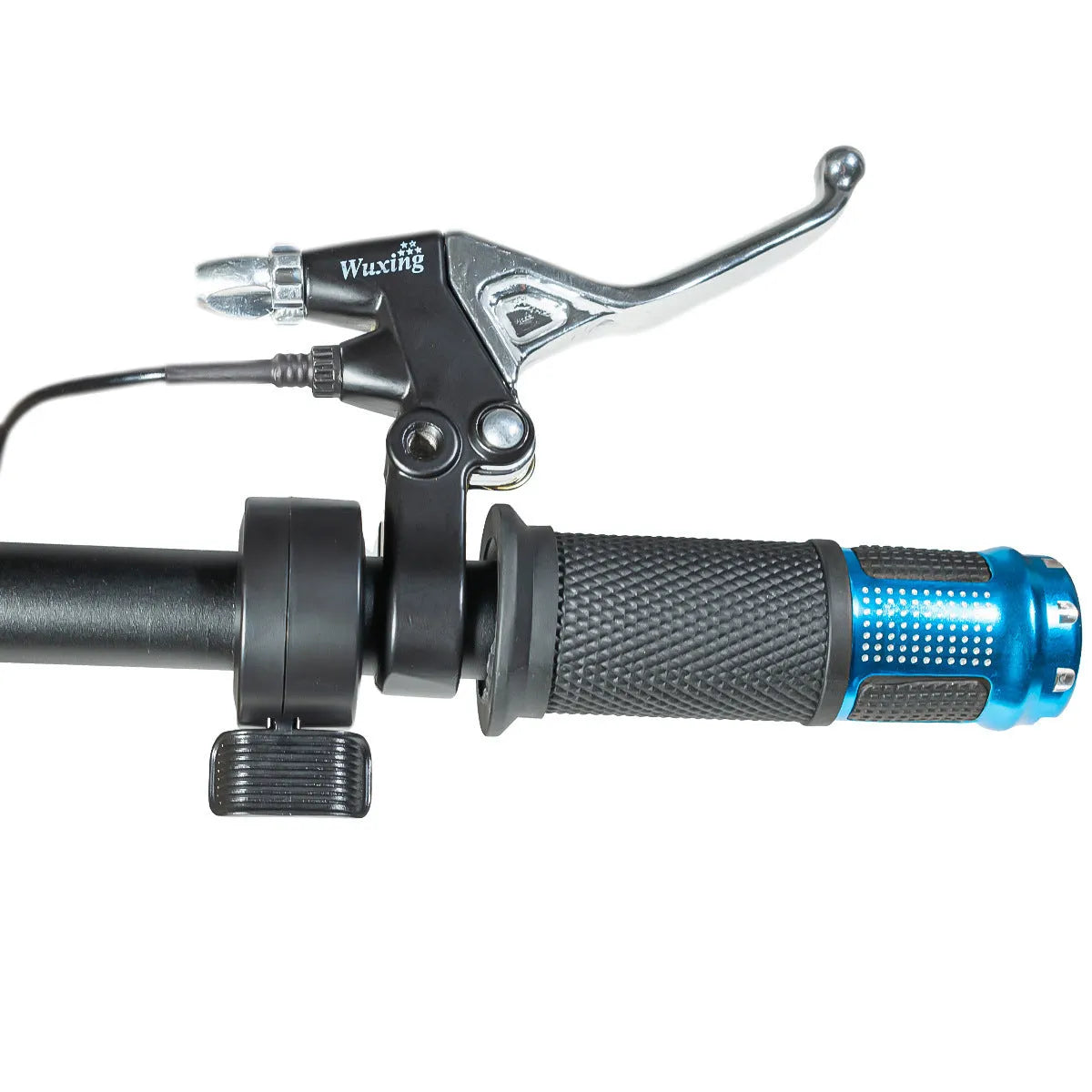 Electric vehicle handlebar control unit in blue, red, silver, and yellow colour options.
