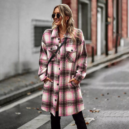 Long plaid woolen cardigan coat for women in pink, blue, green, and black