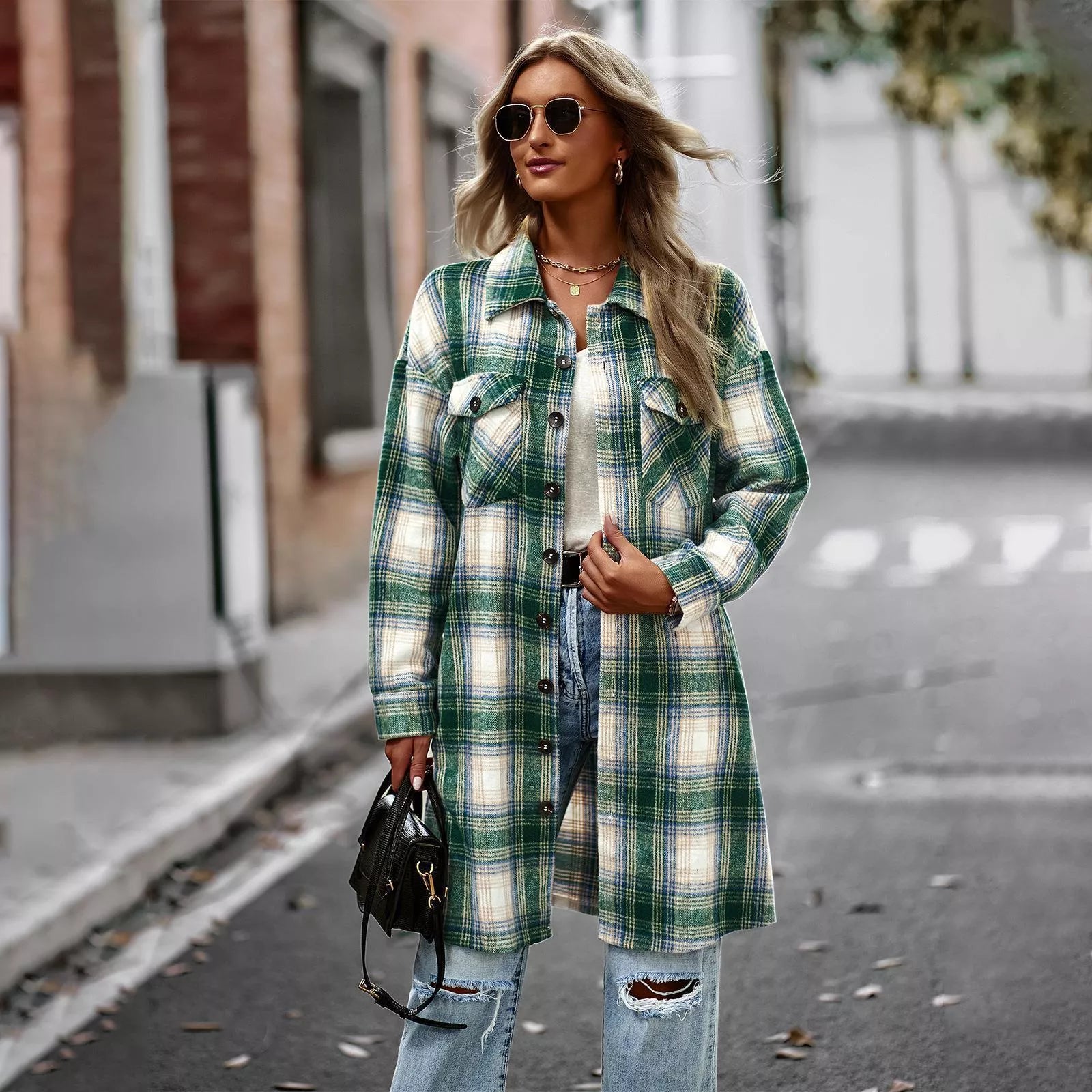 Long plaid woolen cardigan coat for women in pink, blue, green, and black