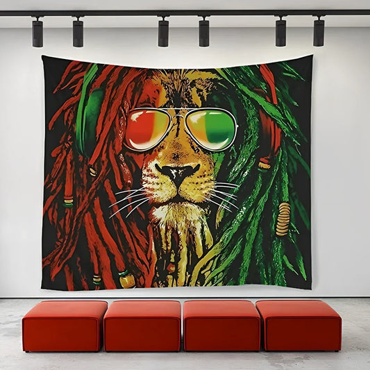 Lion tapestry wall art with European lion king design on polyester fabric in multiple sizes