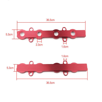 Aluminium alloy car engine wiring harness housing in blue, red, and silver colours