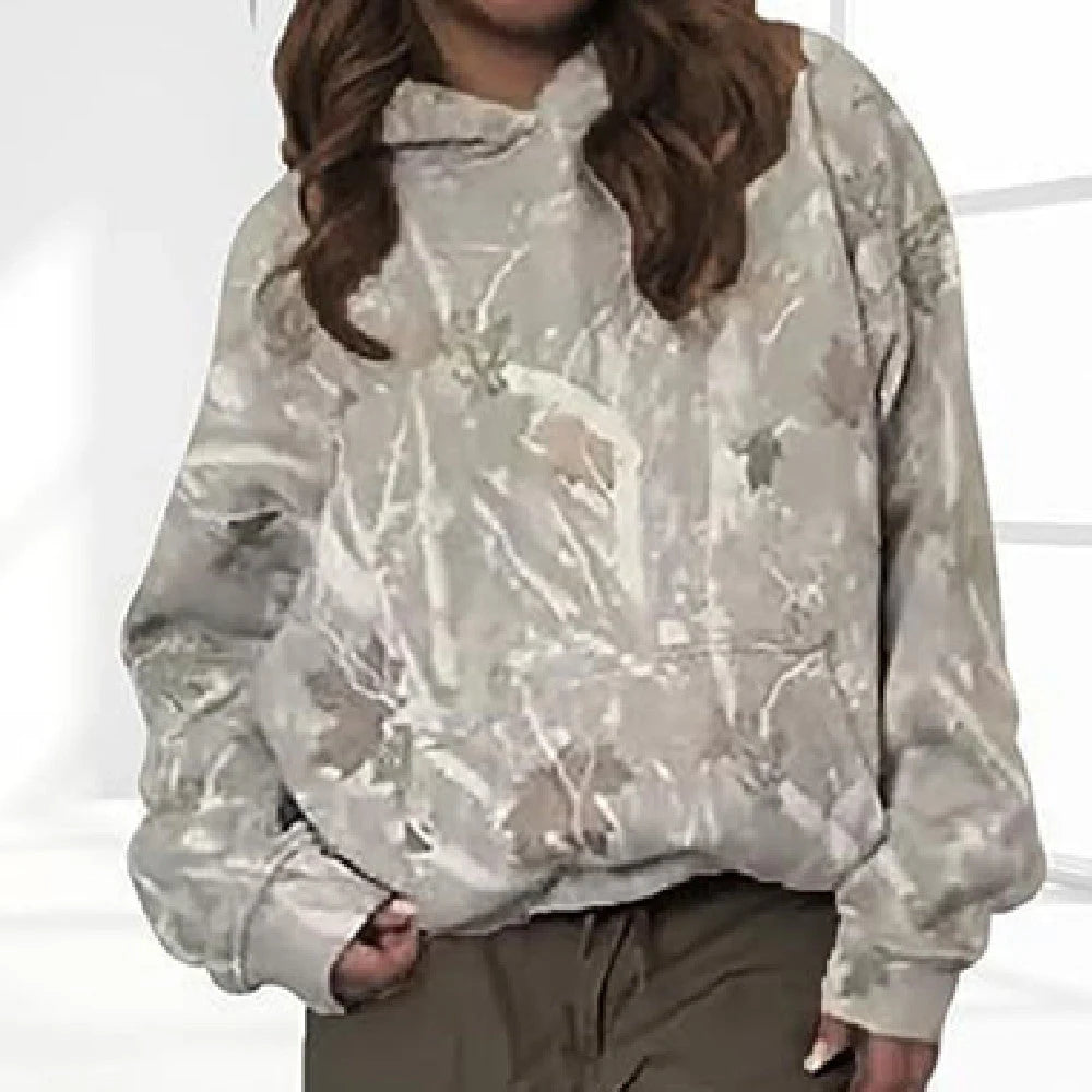 Stylish women's hooded pocket pullover top with floral digital printing and lantern sleeves