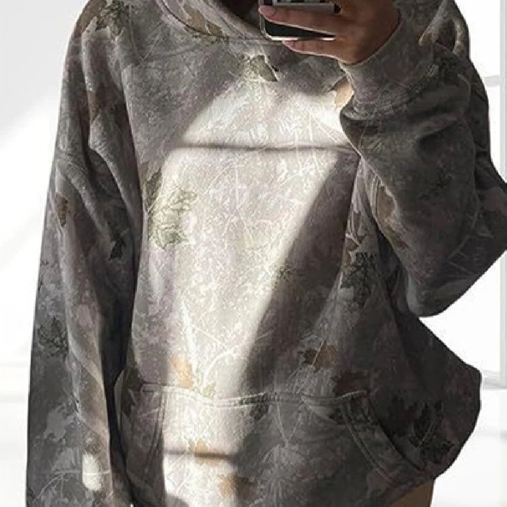 Stylish women's hooded pocket pullover top with floral digital printing and lantern sleeves