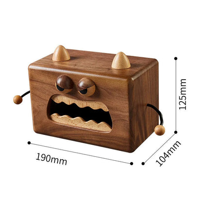 Little Monster cartoon design wooden tissue box in walnut beech wood, 190mm wide.