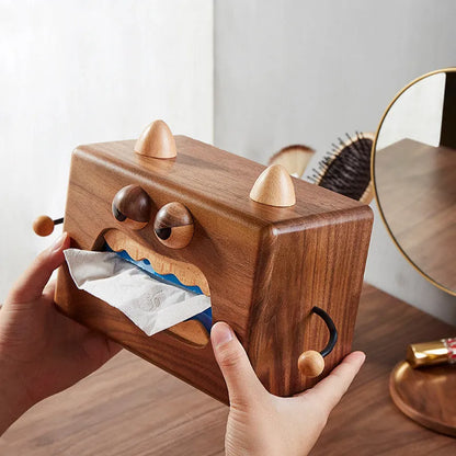 Little Monster cartoon design wooden tissue box in walnut beech wood, 190mm wide.