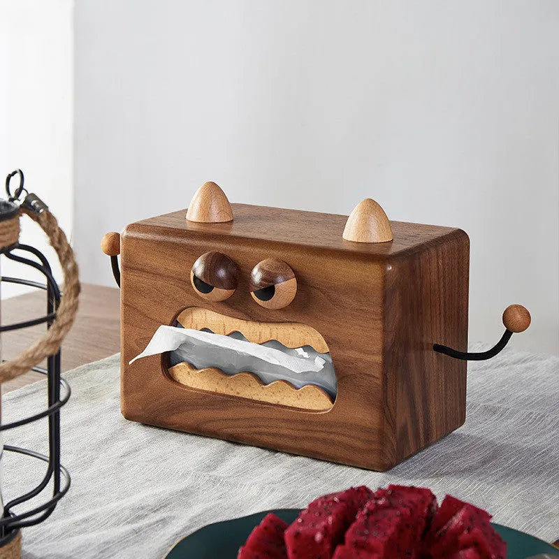 Little Monster cartoon design wooden tissue box in walnut beech wood, 190mm wide.