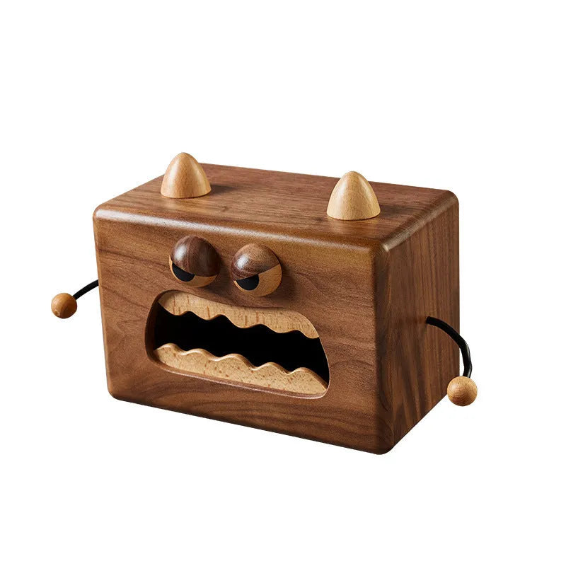 Little Monster cartoon design wooden tissue box in walnut beech wood, 190mm wide.