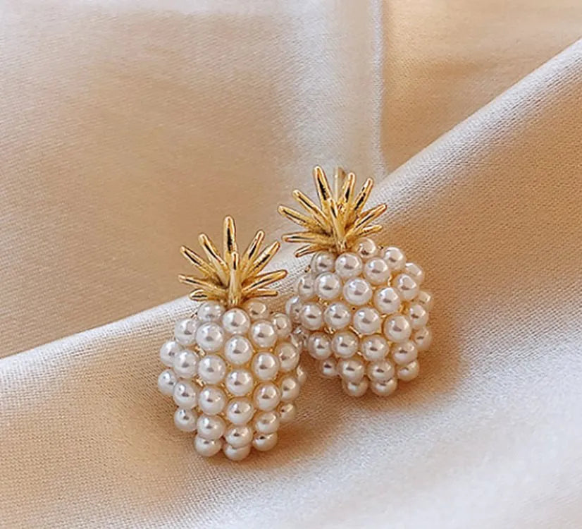 Korean-style women's pineapple starfish pearl alloy earrings with gemstone details in gold, pearl flower, silver, and starfish pearl colours.