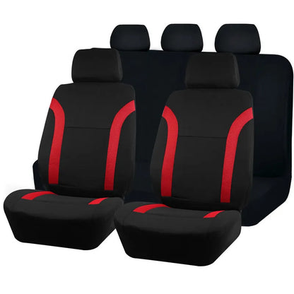 Polyester car seat cover set with eyelet stitching and sponge inserts in black, laid out on a car seat.