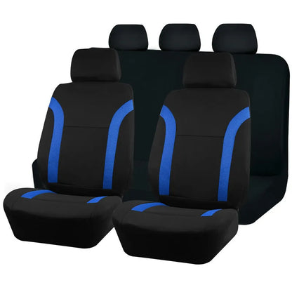 Polyester car seat cover set with eyelet stitching and sponge inserts in black, laid out on a car seat.