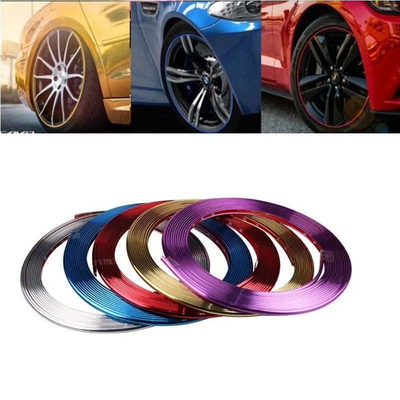 Electroplated purple wheel hub trim stickers on 8 metre roll with anti-collision strip